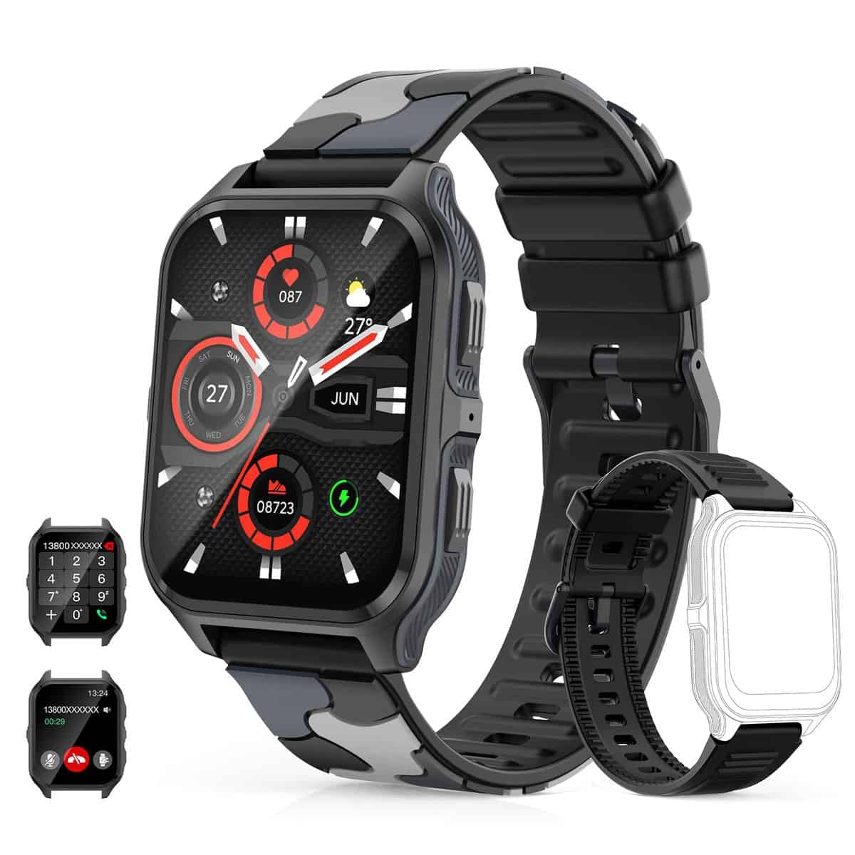 MIGOUFIT Montre Connectée Homme Femme avec Appels Bluetooth Assistant Vocal,1,83'' Sport Smartwatch Militaire avec 100+ Modes Sportifs;Podomètre Lecteur de Musique Fréquence Cardiaque pour Android iOS