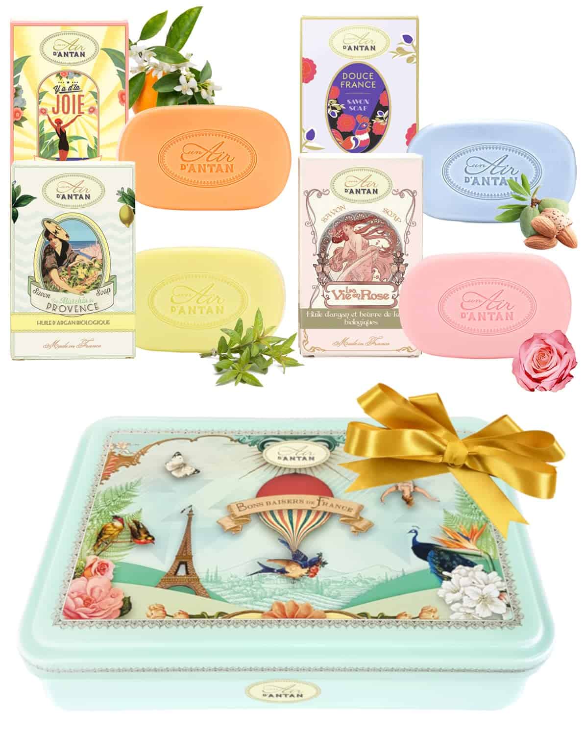 Coffret Cadeau Femme 4 Savons aux Huiles Bio Un Air d'Antan/Cadeau Noel FemmeOriginal/Verveine de Provence, Rose, Amande, Floral/Cadeau Maman/Idee Cadeau Femme/Cadeau Anniversaire Femme