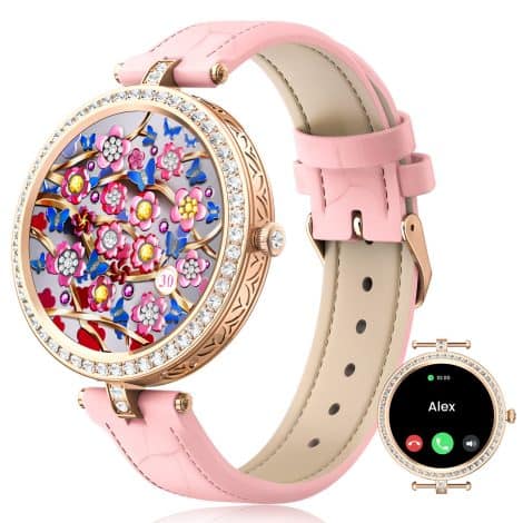 Montre connectée DekeFit pour femmes avec appel Bluetooth, écran HD 1.32”, fonctionnalités féminines, suivi cardiaque, SpO2, sommeil, 20 modes sportifs, calories, notifications Android iOS. Couleur or.