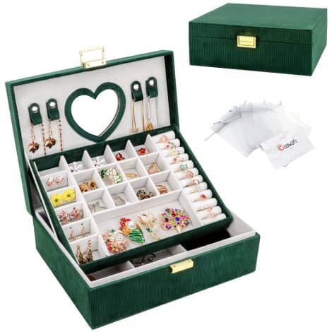 Coffret à Bijoux en Velours, Rayé avec Miroir, Rangement de Voyage à 2 Couches pour Bijoux, Vert foncé.