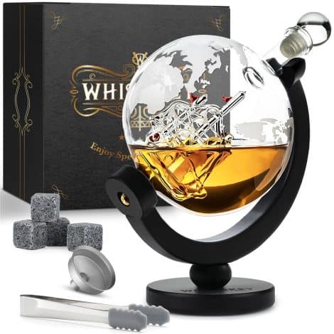 Whisiskey – Carafe à whisky globe de 900 ml dans un coffret cadeau pour homme avec 4 pierres à whisky et bec verseur. (Note: The word ‘Wisky’ doesn’t exist in French, and ‘transparent’ should not be capitalized.)