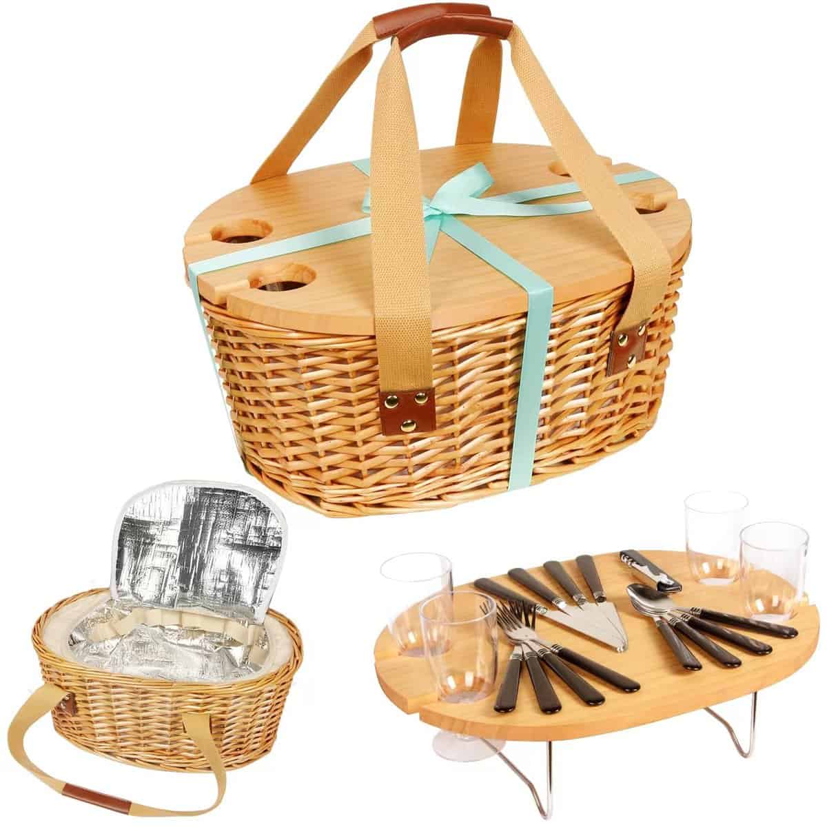 Hap Tim Y2209-4-CM Panier de pique-nique en osier pour 4 personnes avec mini table de pique-nique pliable et grand sac isotherme et couverts pour 4 personnes, cadeaux de couple, cadeaux de mariage