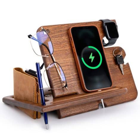 Station d’accueil en bois pour téléphone portable, portefeuille, montre : cadeau idéal pour homme, femme, anniversaire, table de nuit, sac à main pour remise de diplôme.