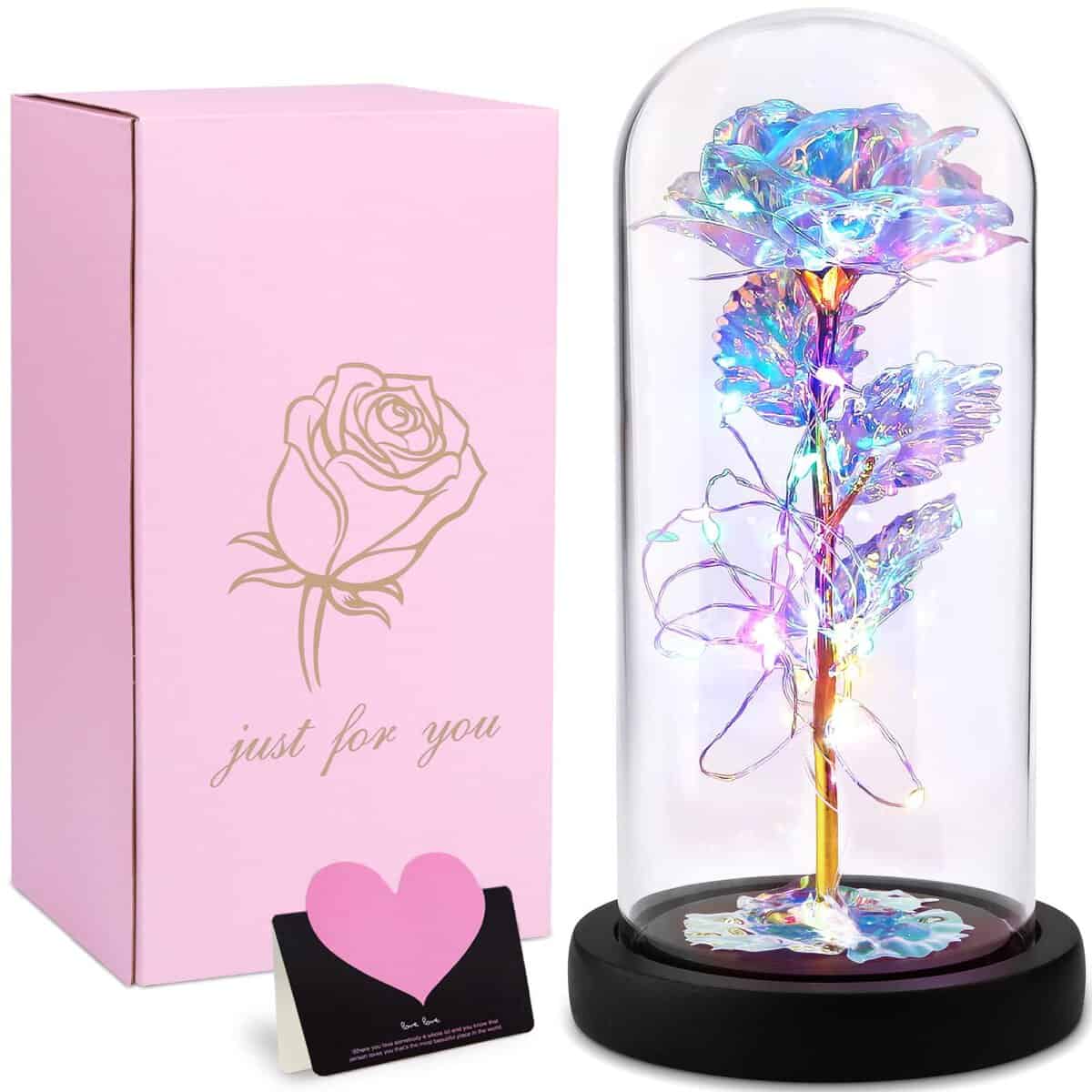 Frasheng Rose Eternelle sous Cloche, Artificielle colorée La Belle et la Bête, Enchantée,avec LED et Cartes,Rose Galaxy Dôme en Verre,Meilleur Cadeau pour Petite Amie,Femme,Mère