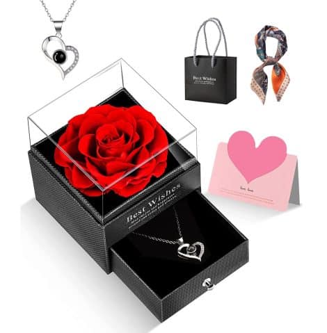 Rose éternelle avec collier “I Love You” – Cadeau d’anniversaire pour maman, femme, grand-mère – Rouge – Boîte incluse.