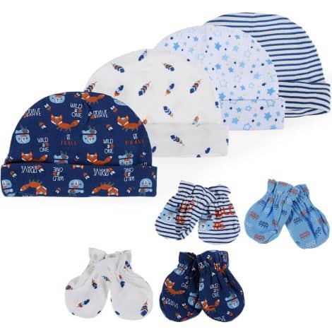 Ensemble de 4 bonnets et 4 paires de moufles coordonnés pour protéger bébé des griffures. 100% coton. Convient aux garçons et filles de 0 à 6 mois.