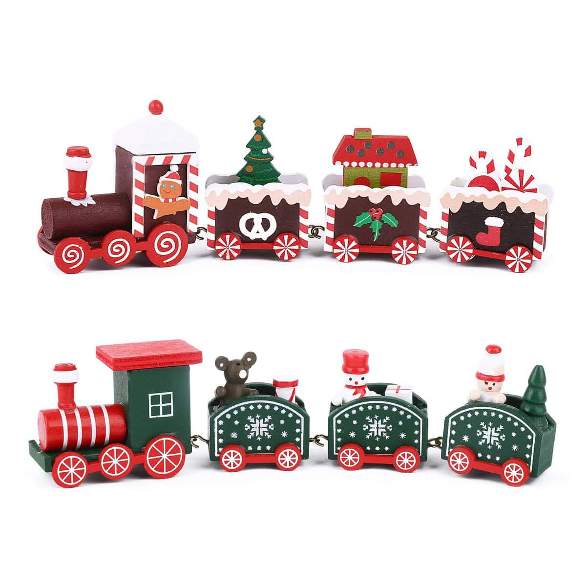 2pcs Petits Train de Noël en Bois Ornement Pendentif Train Caravane Forme Bonhomme de Neige Père Noël Bonhomme en Pain d'Épice Cadeau Décoration pour Artisanat Table Maison Jardin Fête Nouvel An Vert