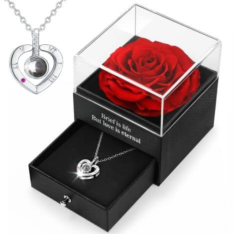 Rose éternelle HEGUD avec collier I Love You, cadeaux pour la fête des mères, idée romantique pour femme, Saint Valentin, mariage, Noël, maman.