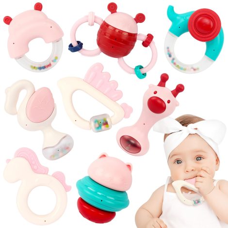 Jeu d’éveil pour bébé dès 0 à 12 mois, assortiment de hochets et jouets sensoriels (8 pièces).