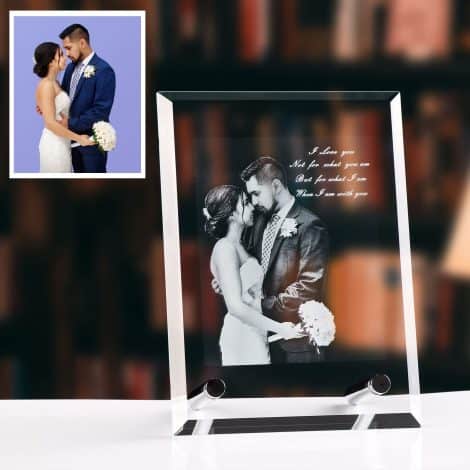 Cadre photo en verre gravé pour femme avec support en métal, cadeau romantique personnalisé.