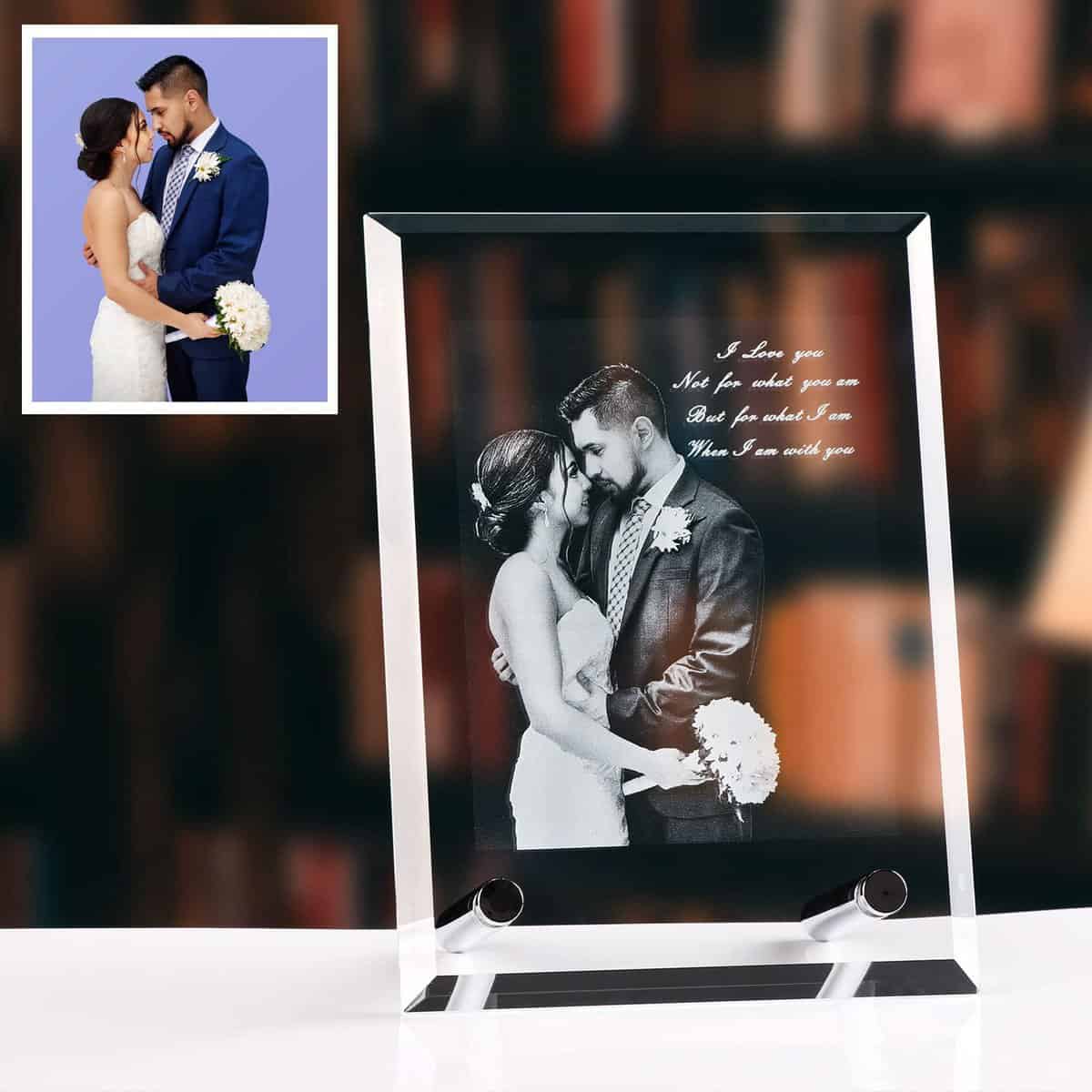 Cadre photo personnalisé en verre 2D pour femme gravé au laser avec support en métal Cadeau romantique pour elle