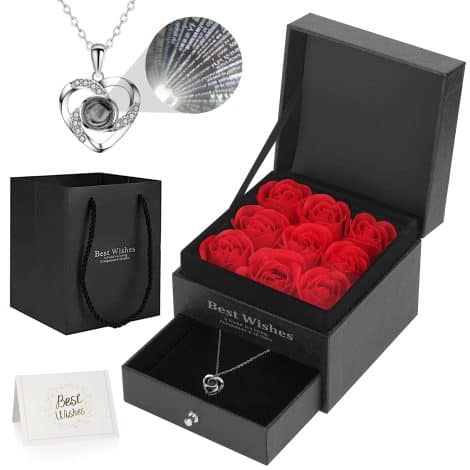 Rose infinie Ozrpn, Cadeau unique pour femme, boîte à bijoux avec collier Je t’aime, idéal pour anniversaire, Saint-Valentin, fête des mères, anniversaire de mariage, Noël. (Noir)