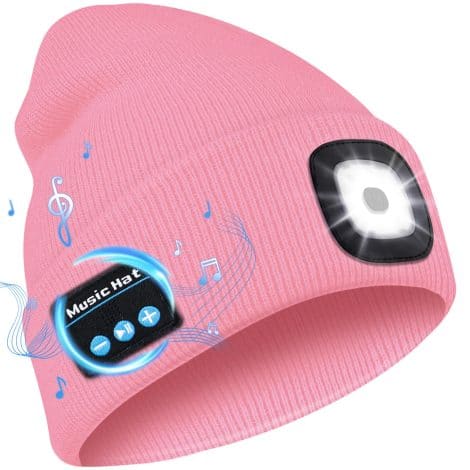 Bonnet sans fil Deilin avec lumière LED, rechargeable et avec écouteurs stéréo intégrés. Cadeau idéal pour Noël et anniversaire. (Rose)