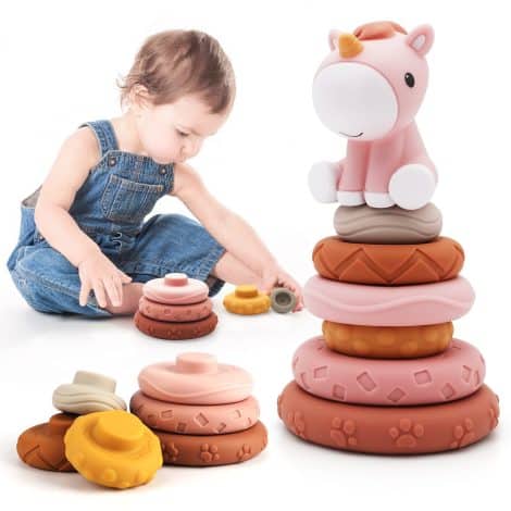 Jouets empilables Nueplay 7 avec anneaux de dentition et cercle de nidification, figurine de chevaux pour bébé. Cadeaux éducatifs pour tout-petits âgés de 6 à 18 mois.