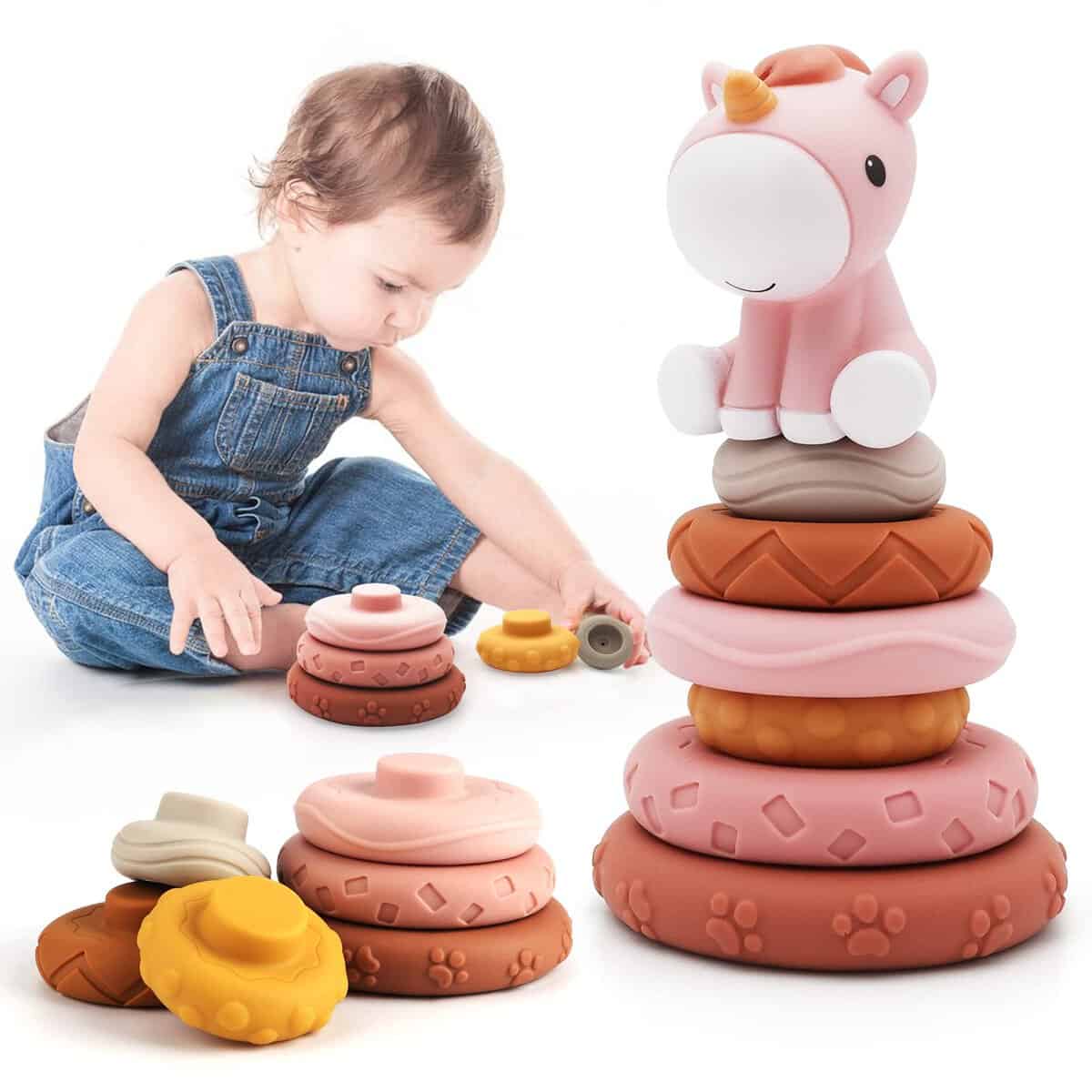 Nueplay 7 Jouets empilables avec Anneaux, Dentition pour bébé, Cercle de Nidification avec Figurine de Chevaux, Jouets d'éducation précoce, Cadeaux pour bébés 6 12 18 Mois, Tout-Petits