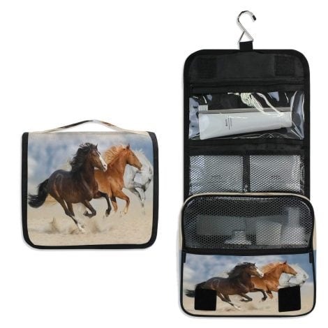 Trousse de toilette suspendue à motif cheval, idéale pour voyager et ranger maquillage. Résistant à l’eau, cadeau parfait.