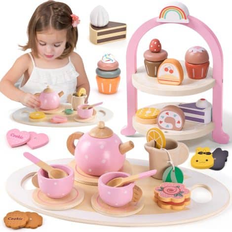 Services de thé à jouer en bois pour enfants avec accessoires de cuisine en bois. Cadeau pour filles de 3 à 7 ans. (Rose)