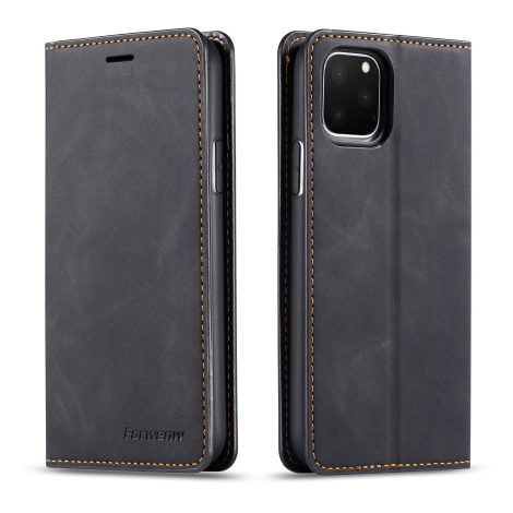 Étui portefeuille en cuir synthétique de qualité supérieure pour iPhone 11, résistant aux chocs, avec béquille et fentes pour cartes, couleur noire.