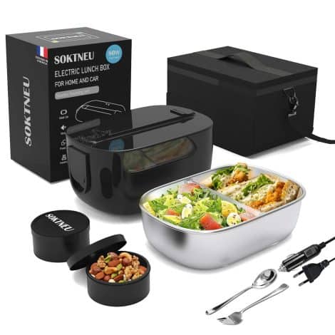 Boîte à repas portable chauffante SOKTNEU 80W 3 en 1, haute puissance, acier inoxydable, pour voiture, camion, bureau.