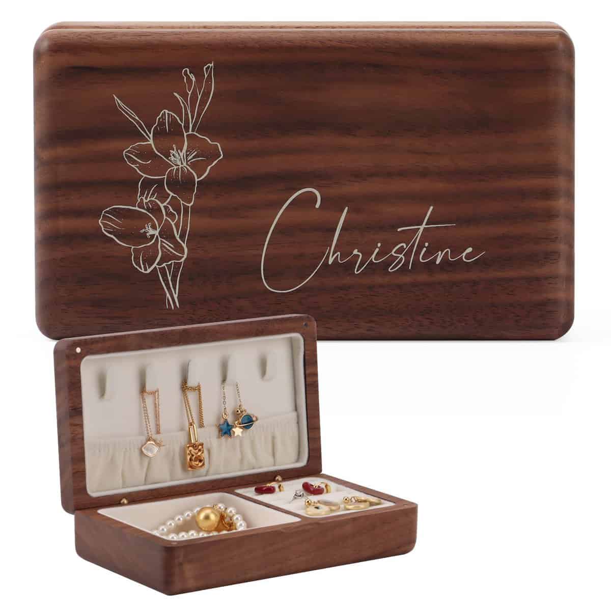 Boîte à Bijoux Personnalisée Cadeau Original Femme Organisateur de Bijoux en bois pour Bagues, Colliers, Boucles d'oreilles, Cadeau fille Cadeau fête des mères Cadeau d'anniversaire, Cadeau de Noël