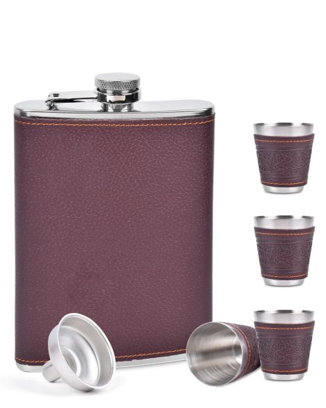 Flasque à whisky en acier inoxydable de 9 oz avec entonnoir, 4x tasses et pochette, idéale pour les hommes en voyage, camping ou pêche. (Marron)