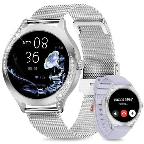 Montre connectée féminine Niolina avec appels Bluetooth, bracelet compatible Android et iOS, étanche IP68, suivi sommeil, calories et fonction féminine, couleur argent.