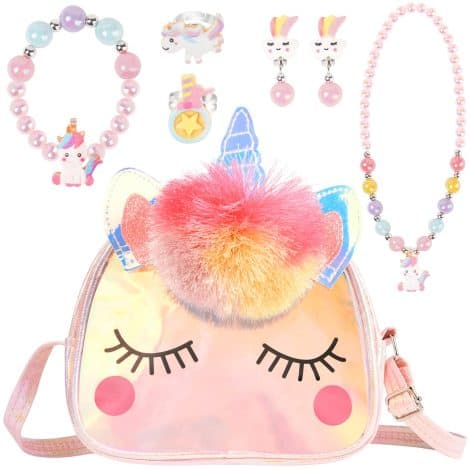 Coffret de bijoux Licorne pour enfant comprenant sac à main, collier, bracelet, boucles d’oreilles et bagues. Parure de princesse pour jeu d’habillage, cadeau d’anniversaire 7 pièces.