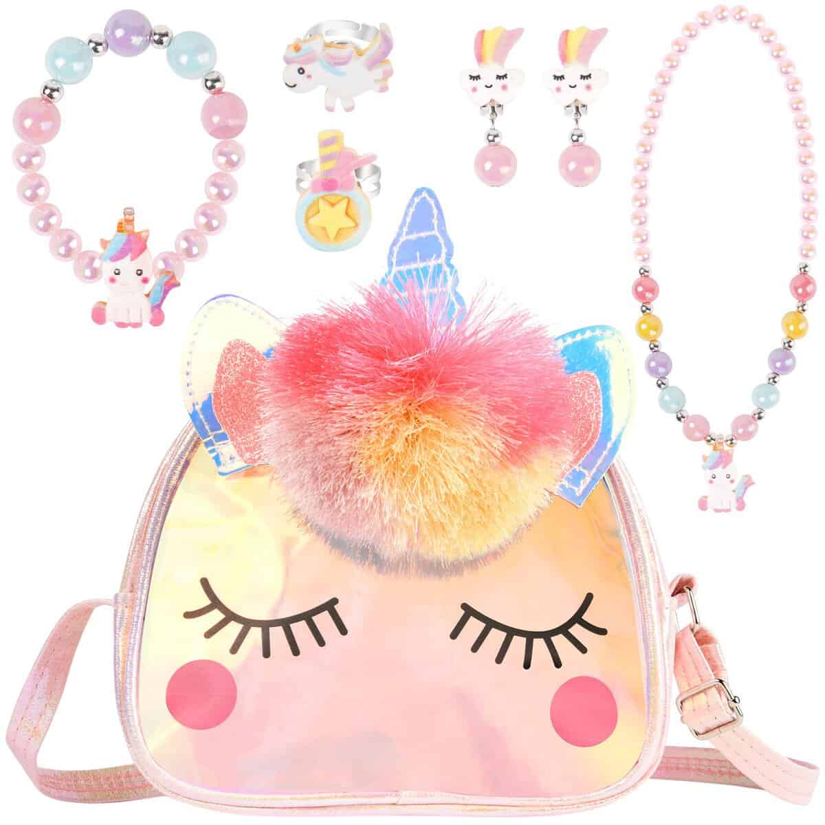 OSDUE Licorne Sac a Main Enfant Fille Bijoux, Collier Bracelet Des Boucles D'oreilles Bagues Kit Bijoux, Princesse Parure Bijoux Fille Jeu d'habillage Accessoire, Anniversaire Cadeau 7pcs