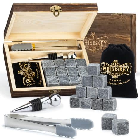 Ensemble Whisky Pierre – Coffret 12 pierres à Whisky, bouchon et pince inclus – Boîte de rangement – Glaçon réutilisable – Cadeau pour homme – Cadeau pour la Fête des Pères.