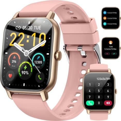 Montre connectée sport pour femme avec écran 1,85″, appels, sport, podomètre, sommeil, notifications, étanche IP68. Compatible iOS et Android.