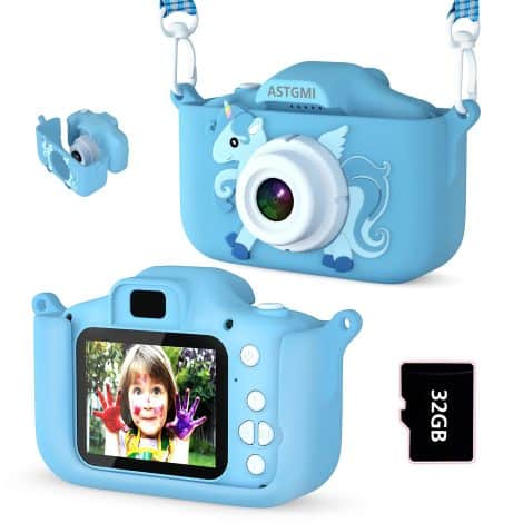 Appareil photo numérique ASTGMI Mini pour enfants de 3 à 10 ans, caméscope rechargeable, cadeau jouet avec vidéo HD 1080p, carte SD 32G (Bleu).