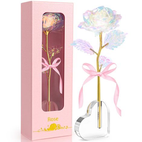 Rose Éternelle avec Socle en Forme de Cœur, Idéal pour Offrir à Maman, Femme, Amie, Grand-Mère, Belle-Mère, Soeur – Cadeau pour Noël, Fête des Mères, Saint-Valentin. (Coloré)