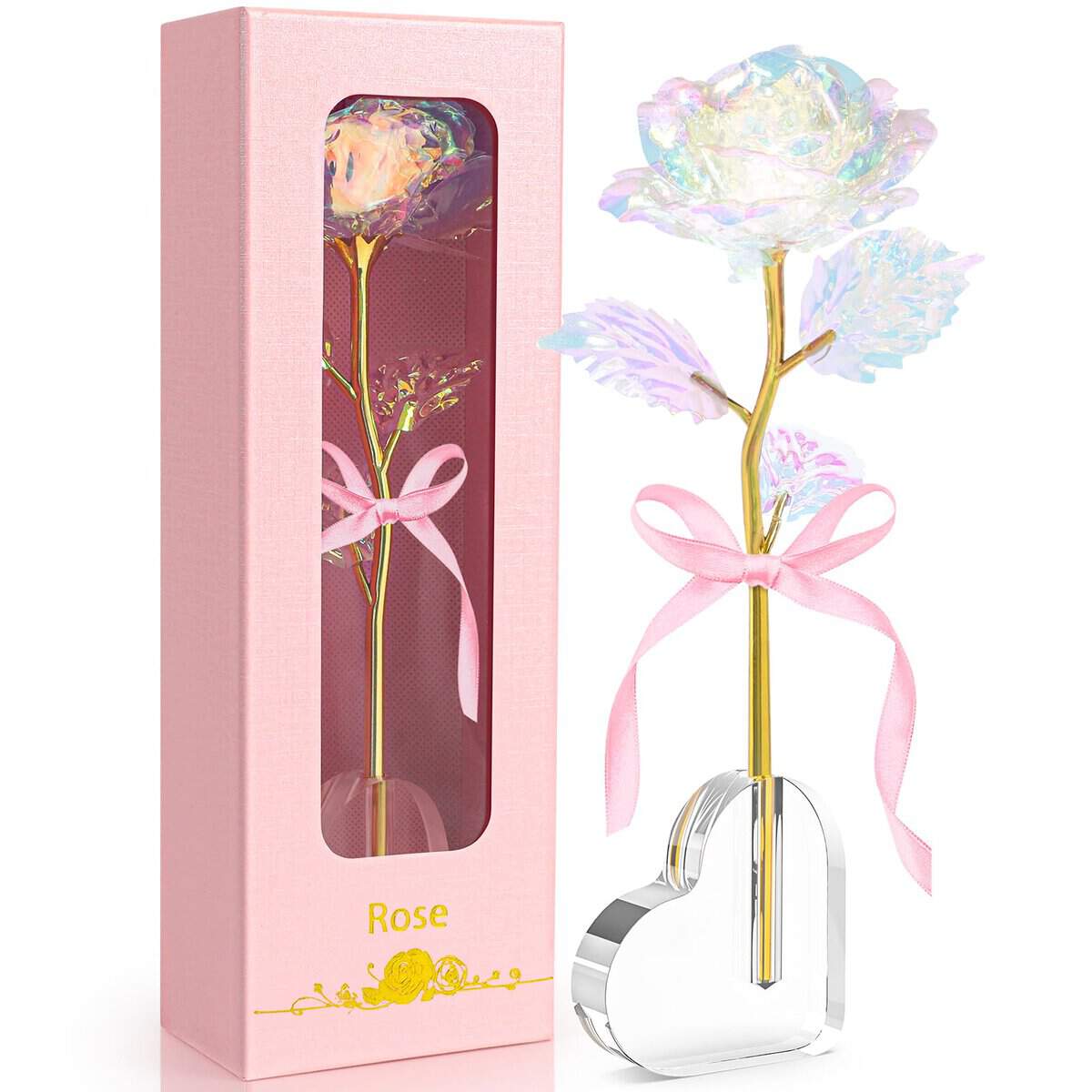 Rose Eternelle avec Base en Forme de Coeur, Anniversaire Cadeau pour Maman Femme Amie Grand Mère Meilleure Amie Belle Mere, Cadeau de Noël, Cadeau de fête des mères, Cadeau de Saint Valentin (Coloré)