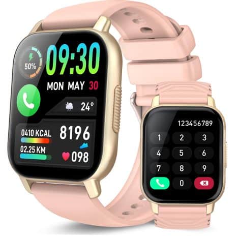 Montre connectée WeurGhy pour homme et femme avec appel Bluetooth, écran HD de 1,85″, 112 modes sportifs, podomètre, cardiofréquencemètre, suivi du sommeil, étanche IP68, compatible iOS/Android, couleur rose.