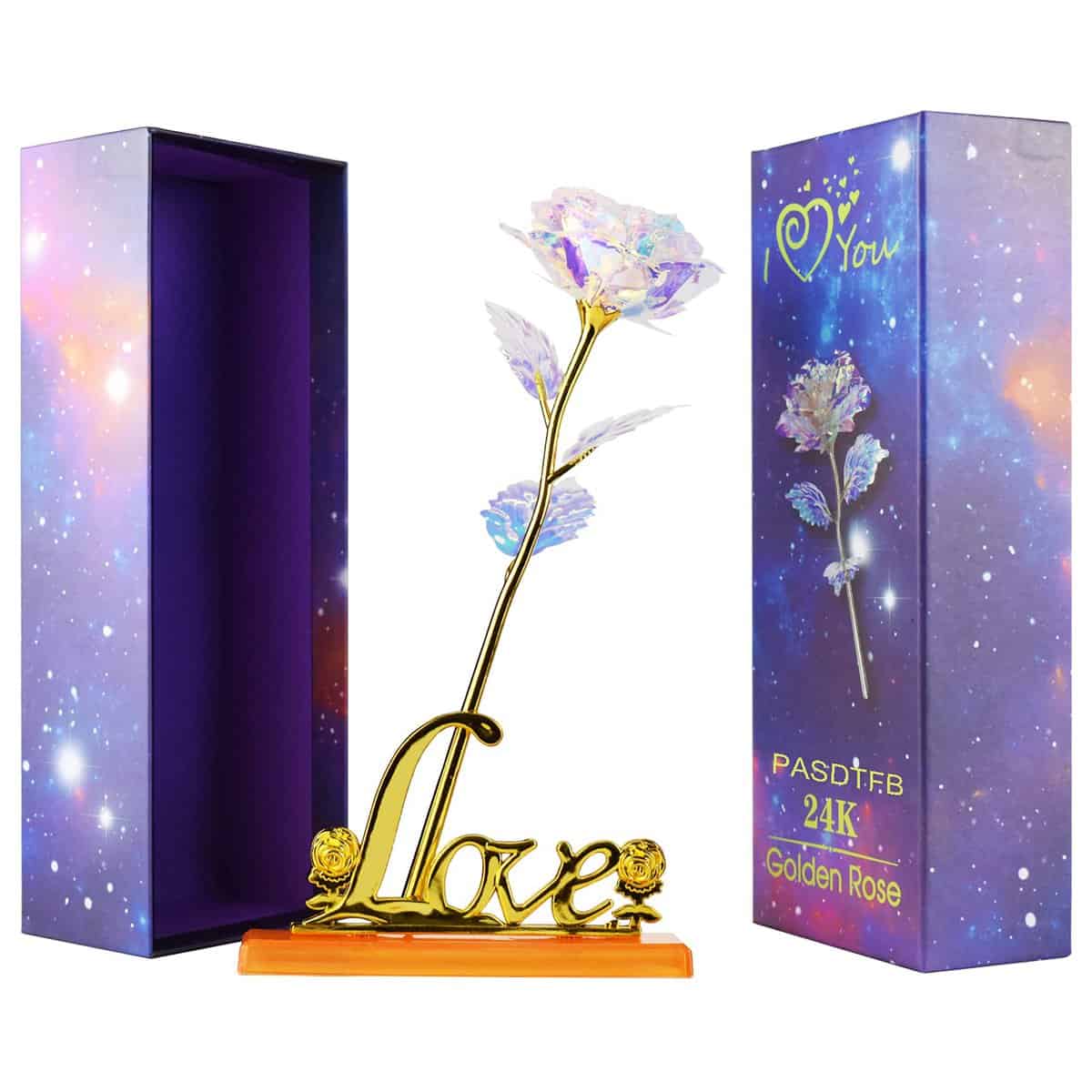 Rose Eternelle Coffret Cadeau Noel Femme Rose Galaxy Rose Plaqué Or 24K Fleurs Artificielles avec Base Cadeau Anniversaire Femme Fleur Eternelle Cadeau Maman Amie Saint Valentin Fête des Mères Mariage