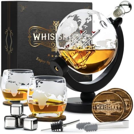 Whisiskey – Carafe à whisky en forme de globe – 900 ml – Coffret cadeau homme – Cadeau de Noël – Avec 2 verres à whisky, 4 pierres à whisky – Transparent, marron, argenté.