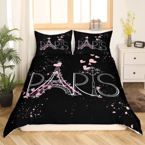 Ensemble de lit Tour Eiffel 200x200cm Paris Chic, motif romantique pour jeunes, en noir et rose.