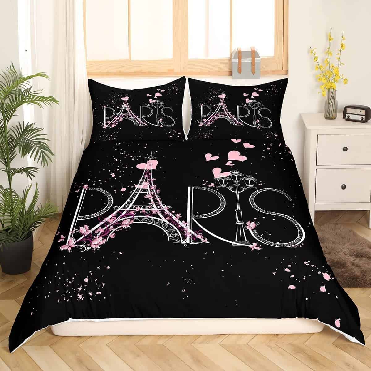 Parure de lit Tour Eiffel 200x200cm Paris Chic Parure de lit, Housse de Couette thème Romantique pour garçons Filles Enfants Adolescents Noir Rose Moderne Style français literie