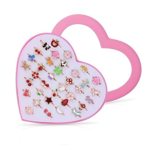 Ensemble de 36 bagues pour enfants, dans une jolie boîte de cœur rose, idéal comme cadeau pour une petite fille.