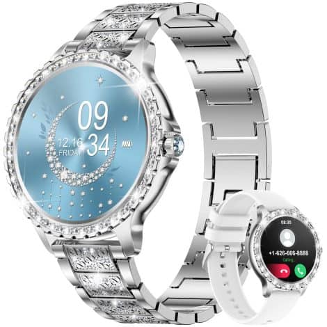 Montre LIGE Femme, élégante et étanche, connectée en Bluetooth avec appel, 20 modes sportifs, SpO2 et fréquence cardiaque. Disponible pour iOS et Android. En argent.