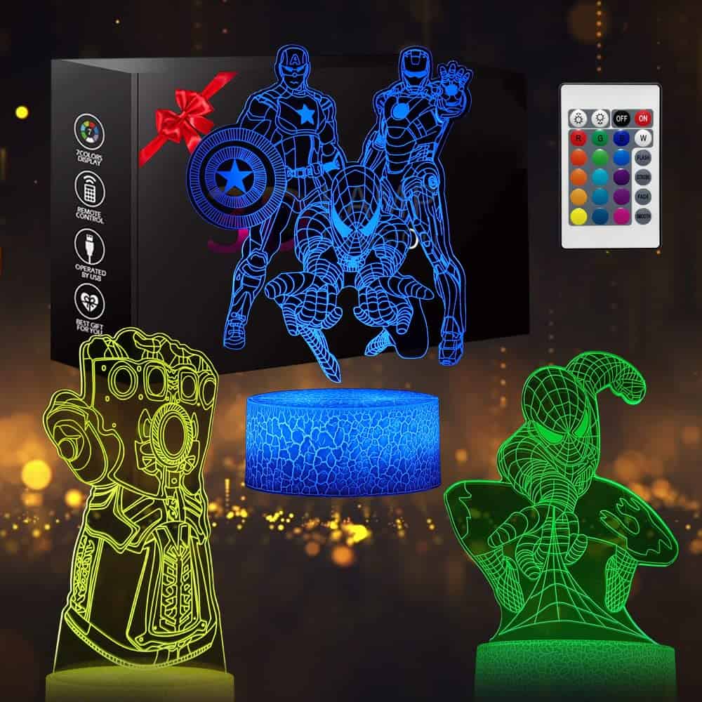 Likohee veilleuse 3D, adapté à la décoration de la maison de la chambre des enfants, 3 motifs 16 changements de couleur avec télécommande tactile, cadeaux d'anniversaire pour garçons et filles