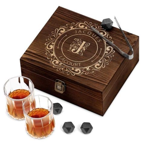 Ensemble Pierre à Whisky Maverton avec 2 Verres dans Boîte Personnalisée – Cadeau Anniversaire Homme – Coffret Pierre et Verres – Lettre.