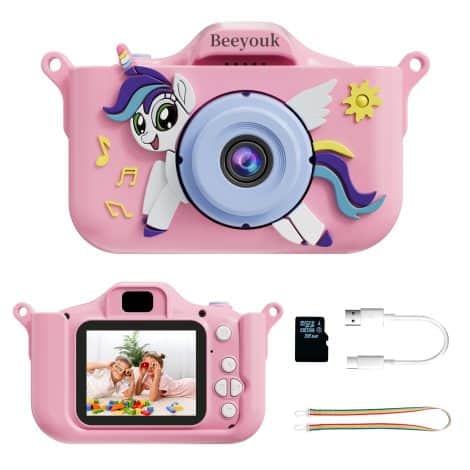 Appareil photo pour enfants Beeyouk, pour les garçons et filles de 3 à 8 ans, cadeau d’anniversaire Licorne. (Carte 32G)