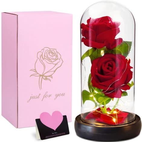 Rose éternelle sous cloche VIPNAJI, ornement enchanteur de bureau, fausse rose en verre avec LED. Idéal pour décoration de mariage, maison, cadeau pour femme, mère, mamie, petite amie, Saint-Valentin, fête.