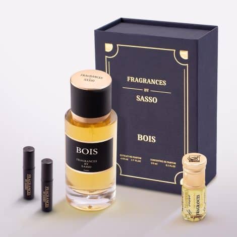 COFFRET PARFUM BOIS – Fragrances by Sasso | 1 Musc 3ml + 2 Échantillons OFFERTS | Extrait GÉNÉRIQUE 50ml Haut de Gamme | Coffret Cadeau | Fabriqué en France.