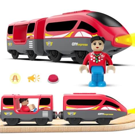 LiRiQi Train à Piles Électrique Haute Vitesse avec Connexion magnétique – Compatible Thomas, Brio, Chuggington. Cadeau idéal pour enfants. (Rouge).