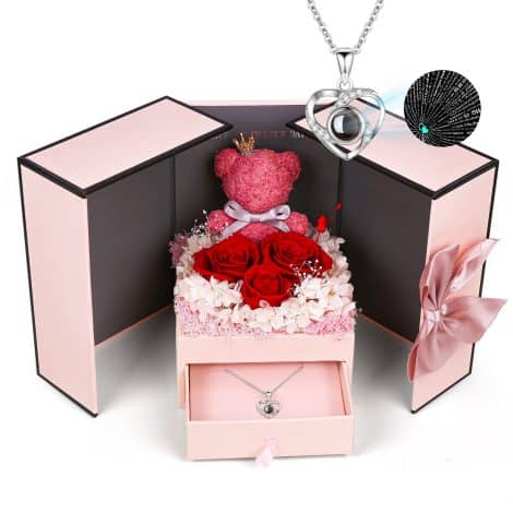 Roses éternelles avec Collier Je t’aime – Boîte cadeau pour anniversaire, Saint-Valentin, Noël, Fête des mères.