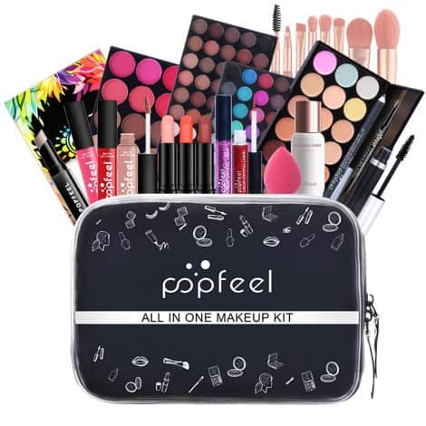 Ensemble-cadeau de maquillage pour les passionnées de maquillage, comprenant une palette de fards à paupières, un rouge à lèvres et un mascara. Parfait pour les vacances de Noël.