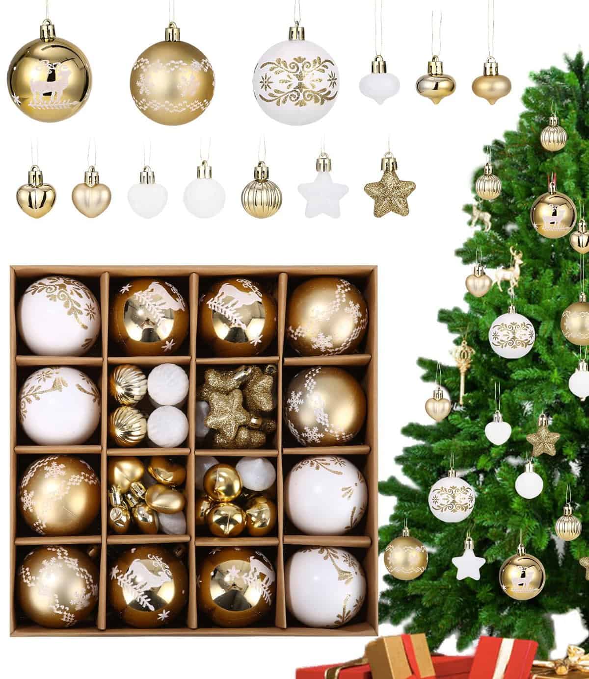 SOBEAU 52 Pièces Boules de Noël,Boules De Noël Ensemble,Boules de Noël Doré pour Arbre de noël fête de Mariage décor pour Décorations de Noël Intérieure ou Extérieure,Noël