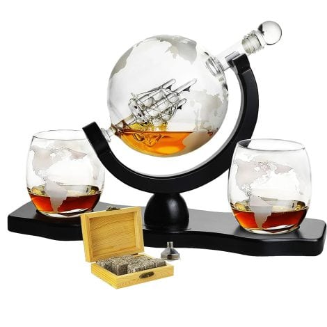 Ensemble Globe Monde avec carafe à whisky et vin, verres globe. Cadeau idéal pour Papa – 850 ml.